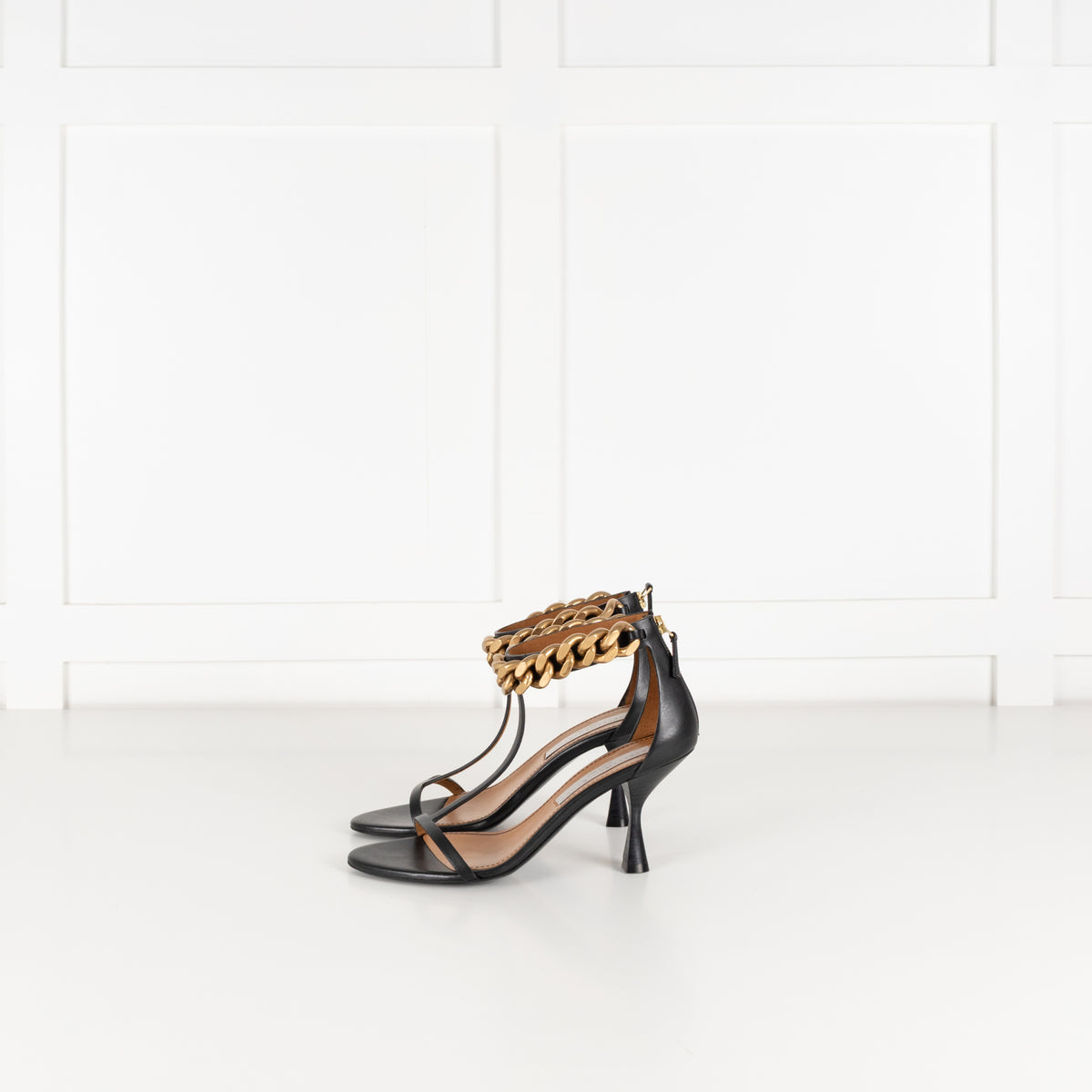 Stella McCartney Black Falabella Sandals With Gold Ankle Chain