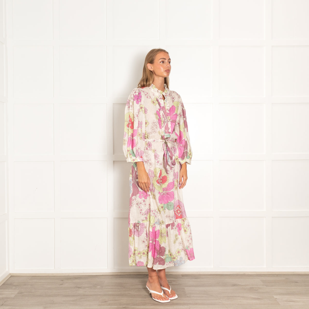 Dea Kudibal Cream Lilac Floral Linen Belted Dress