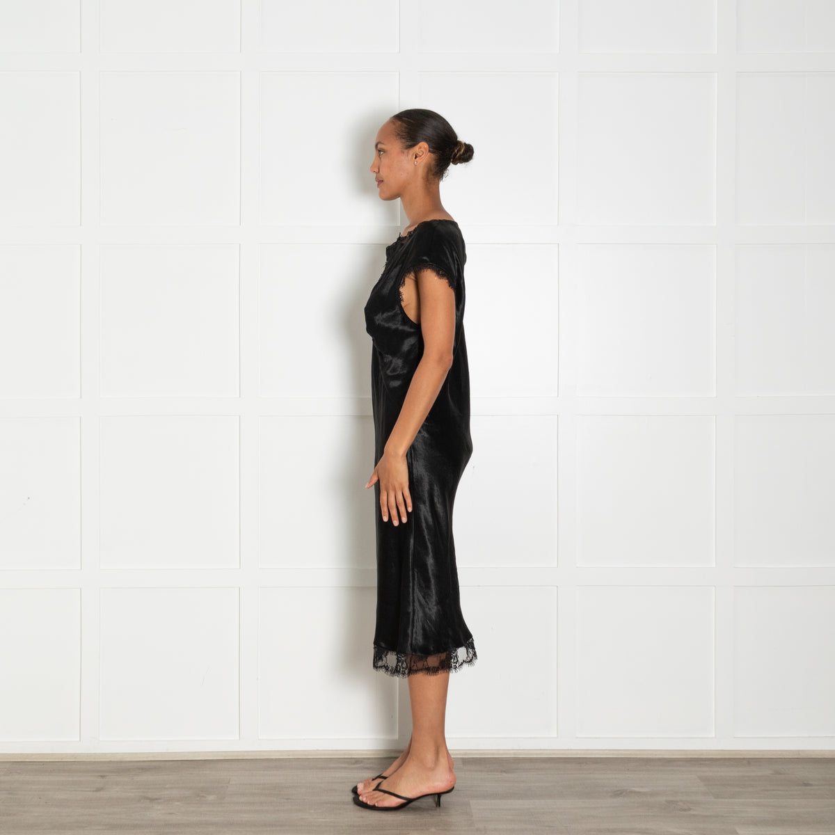Collina Strada Black Lace Detail Sleeveless Silky Dress
