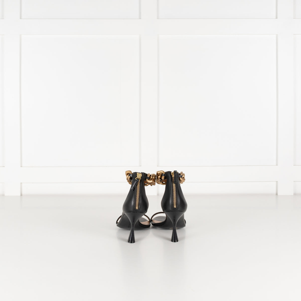 Stella McCartney Black Falabella Sandals With Gold Ankle Chain