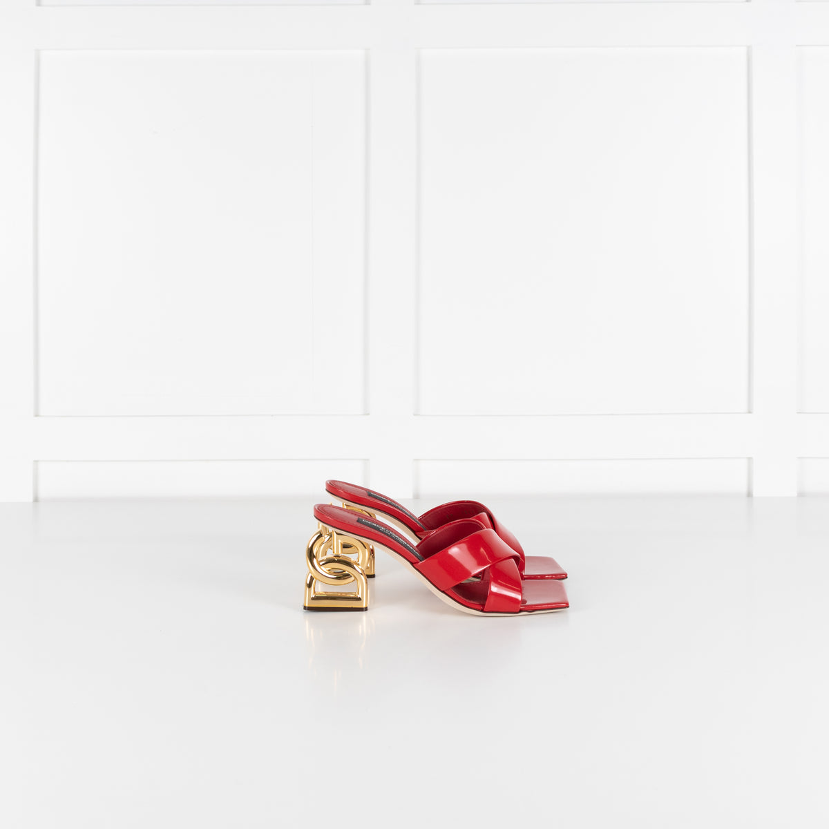 Dolce & Gabbana Red Patent Leather Mules With Gold Monogram Heel