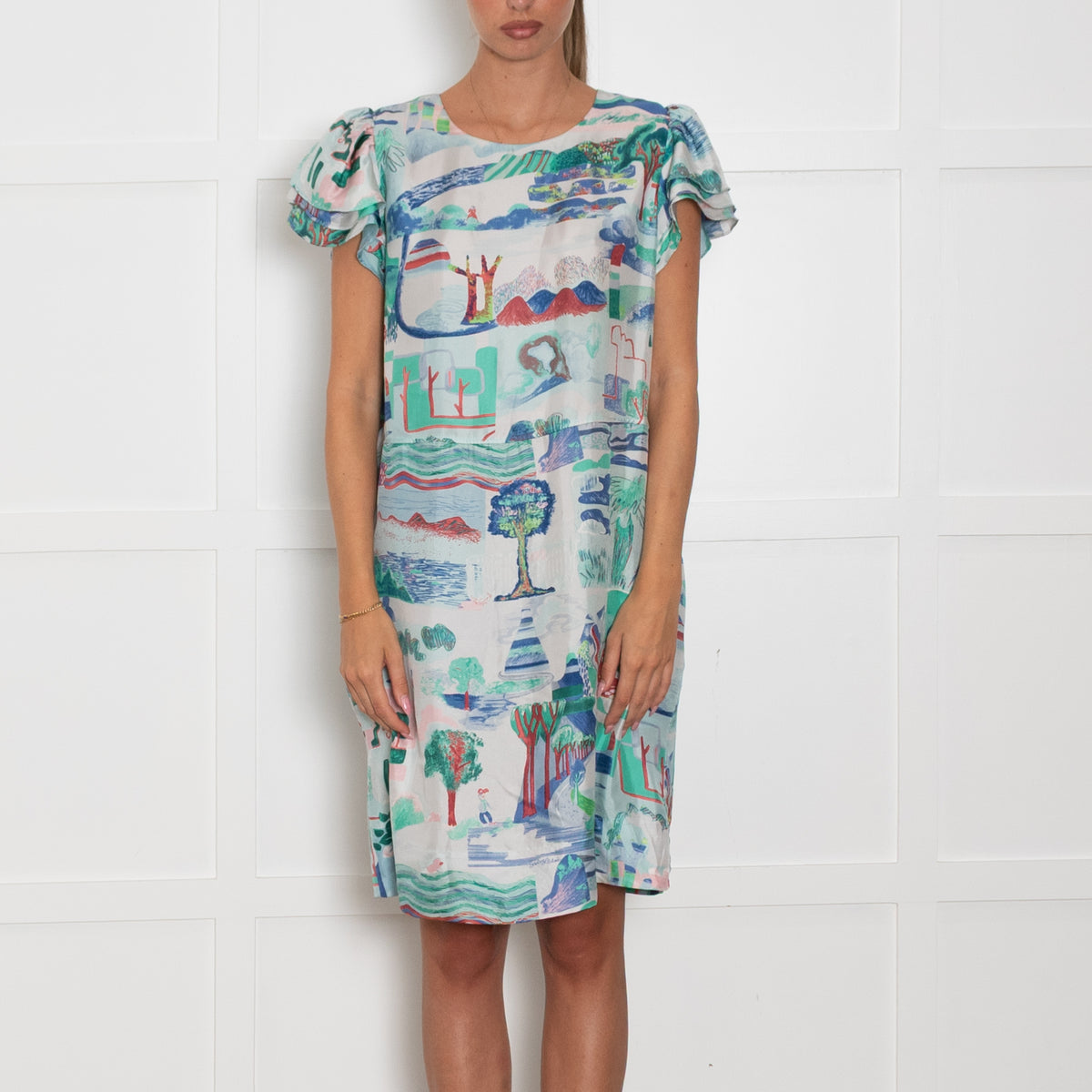 See By Chloe White Blue Green Print Silk Dress