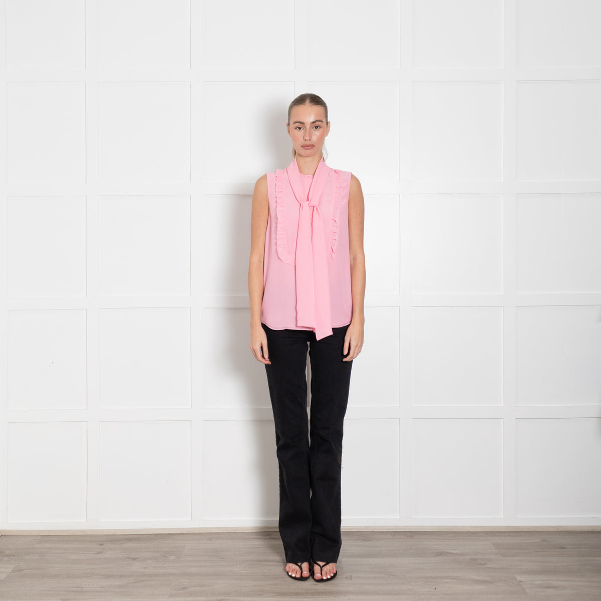 Liu Jo  Sugar Pink Ruffle Front Tie Neck Sleeveless Top