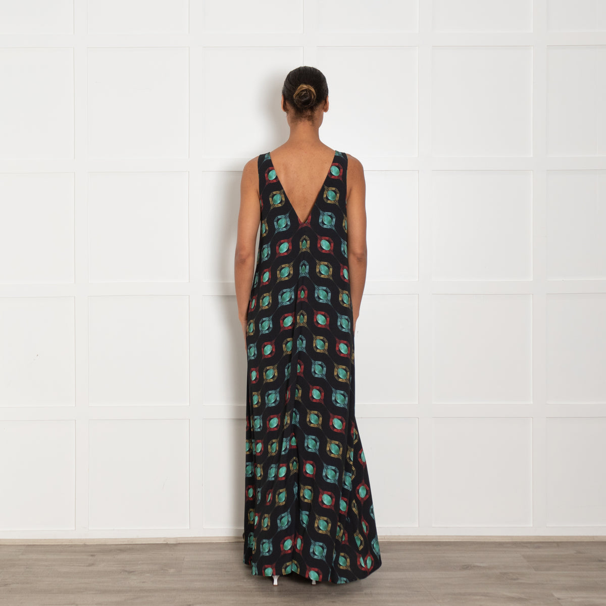 Ekeini Black Green Red Print Sleeveless Maxi Dress