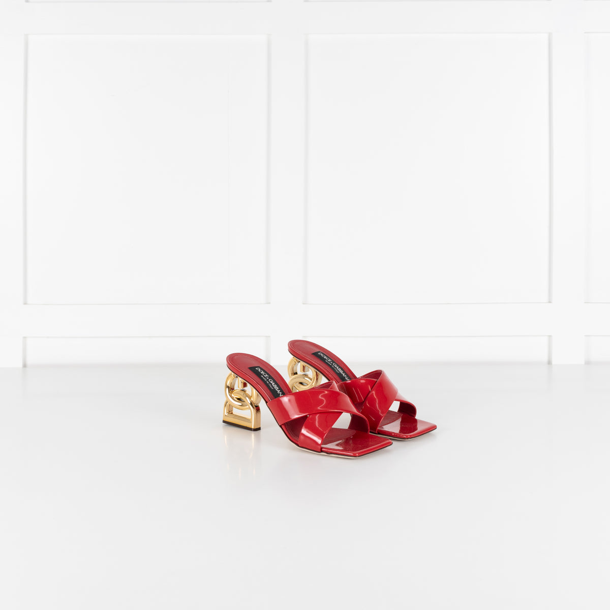 Dolce & Gabbana Red Patent Leather Mules With Gold Monogram Heel