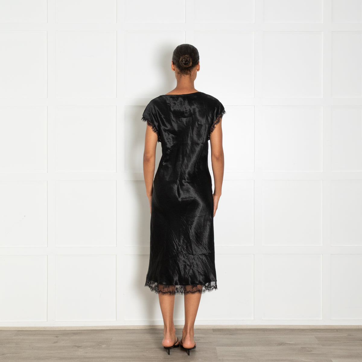 Collina Strada Black Lace Detail Sleeveless Silky Dress