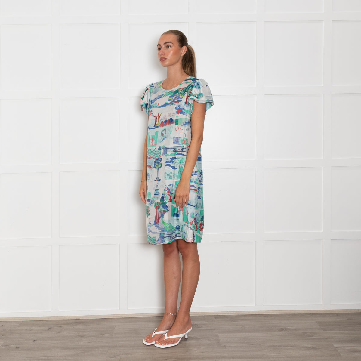 See By Chloe White Blue Green Print Silk Dress