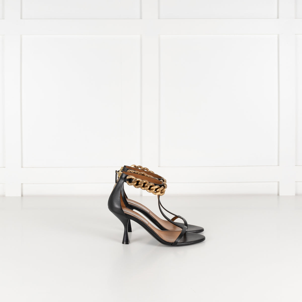 Stella McCartney Black Falabella Sandals With Gold Ankle Chain
