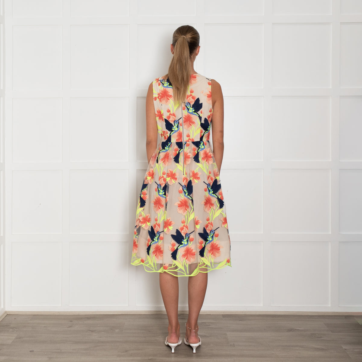Alice + Olivia Beige Orange Neon Green Bird Embroidered Dress