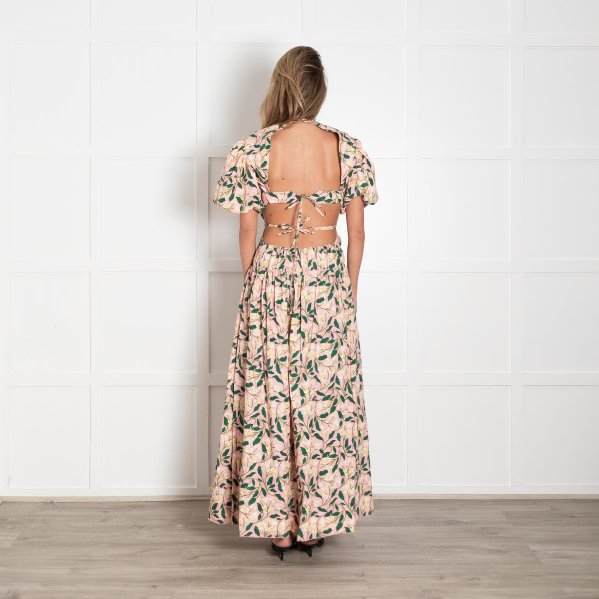 Agua Bendita Pink Green Floral Backless Puff Sleeve Maxi Dress