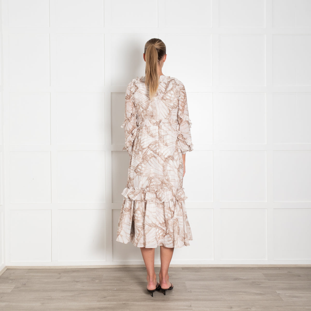 Needle & Thread Cream Beige Print Sleeved Ruffle Detail Maxi Dress