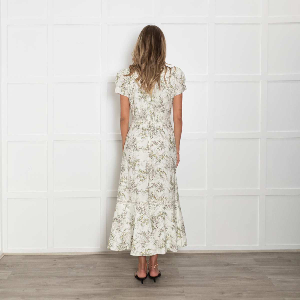 Me + Em Cream and Green Leaf Print Midi Dress