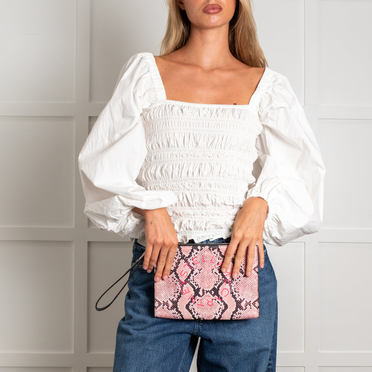 Stella McCartney Pink Snake Clutch with Pink Studs