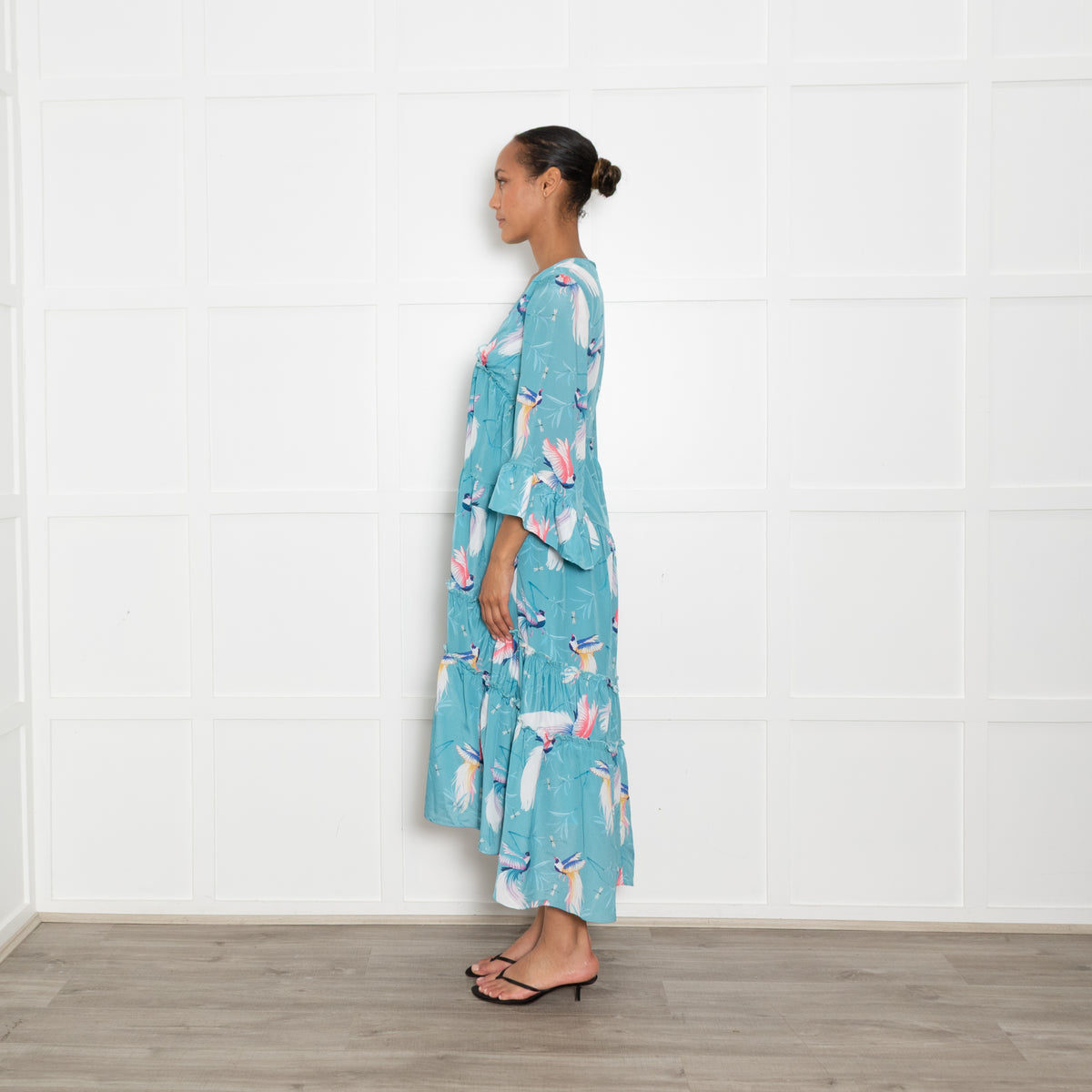 Borgo de Nor Turquoise Bird Print Tiered Maxi Dress