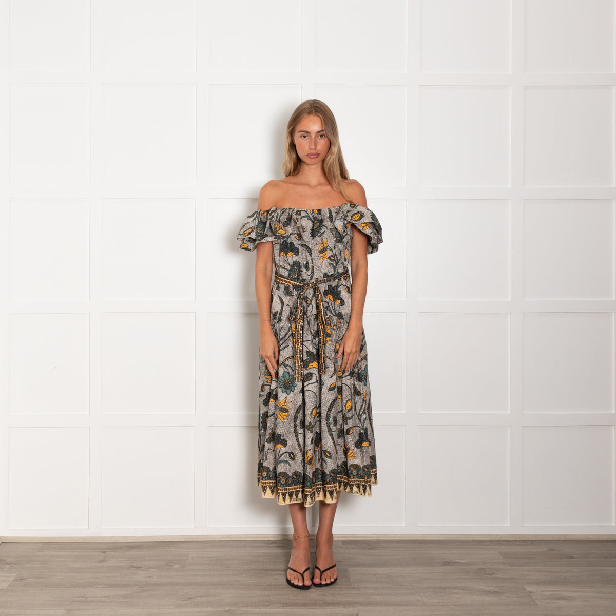 Ulla Johnson White Green Yellow Floral Off The Shoulder Ruffle Dress