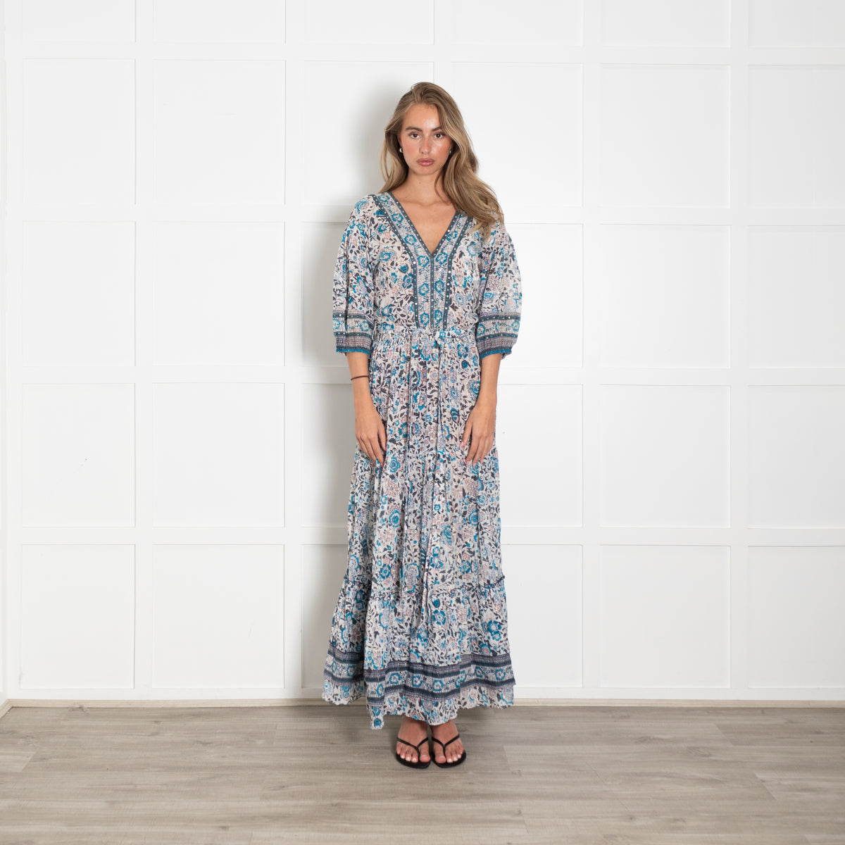 Poupette St Barth White Blue Floral Gold Lurex Stripe Maxi Dress