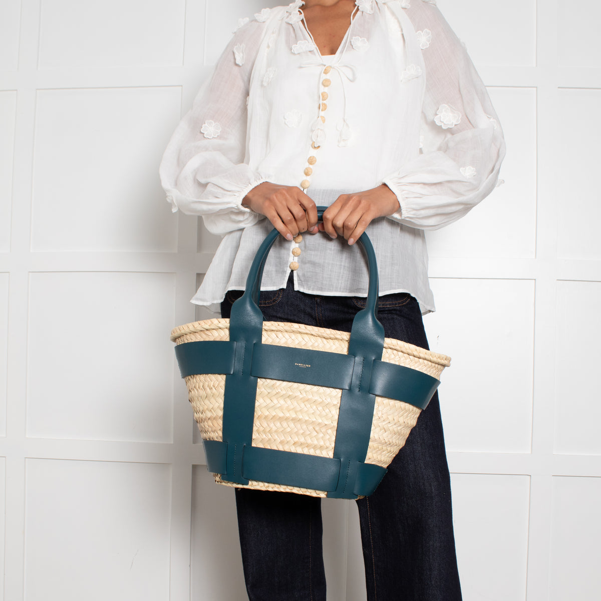 DeMellier Santorini Basket with Green Leather