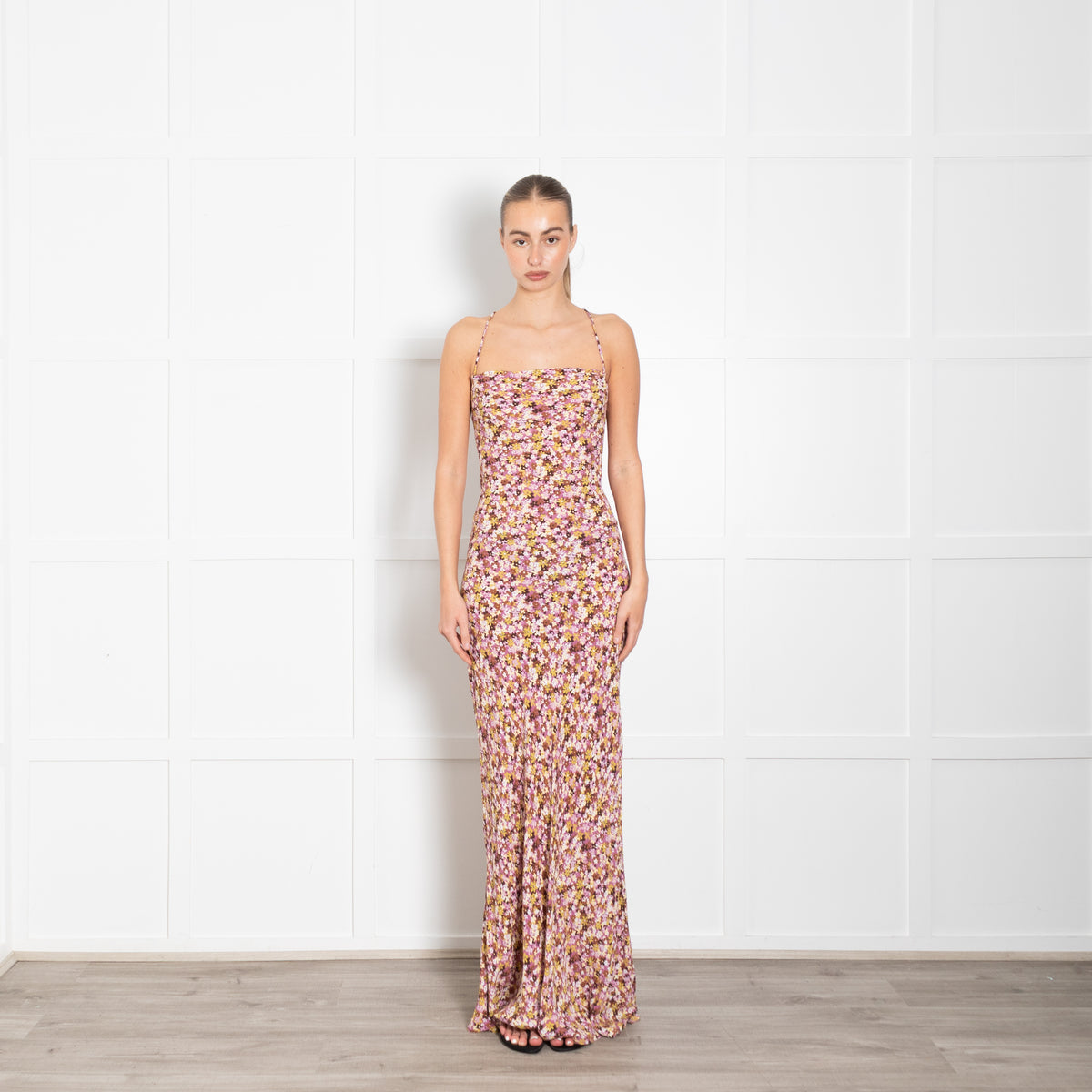 Faithfull The Brand Pink Brown Yellow Floral Maxi Dress With Lace Up Back