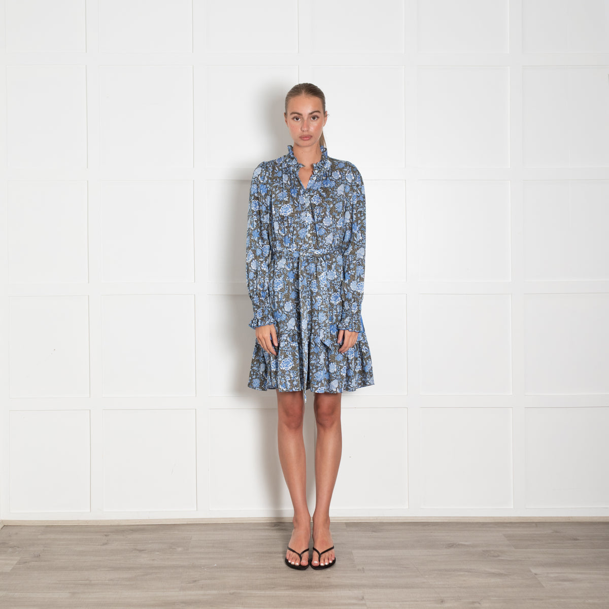 Me + Em Khaki Blue White Floral Frill Detail Mini Dress