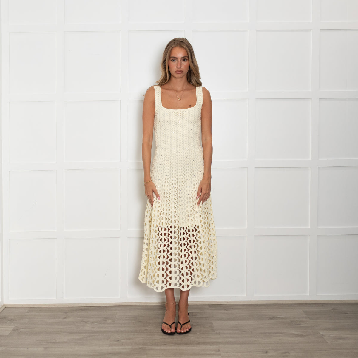 Maje Butter Yellow Crochet Crystal Midi Dress