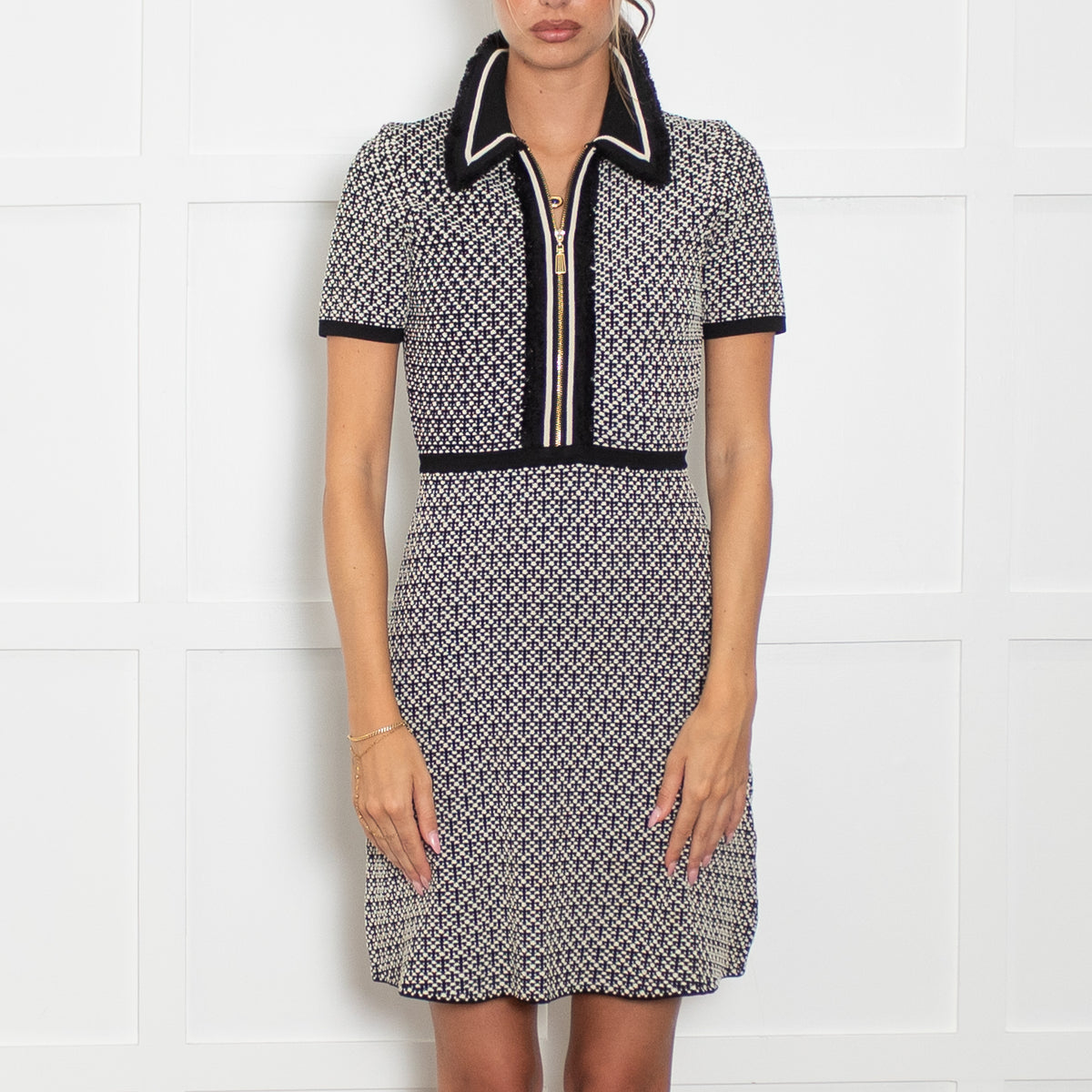 Sandro Black and White Collared Knit Mini Dress
