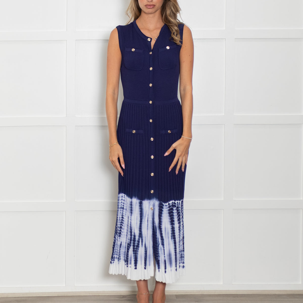 Maje Navy Collarless Midi Dress with Tie Dye Skirt