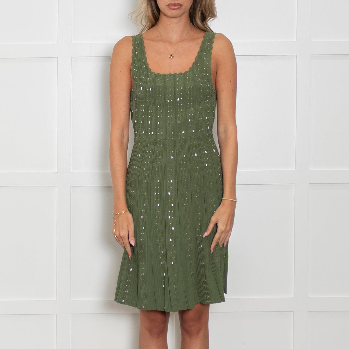 Sandro Green Knitted Mini Dress with Scattered Jewels