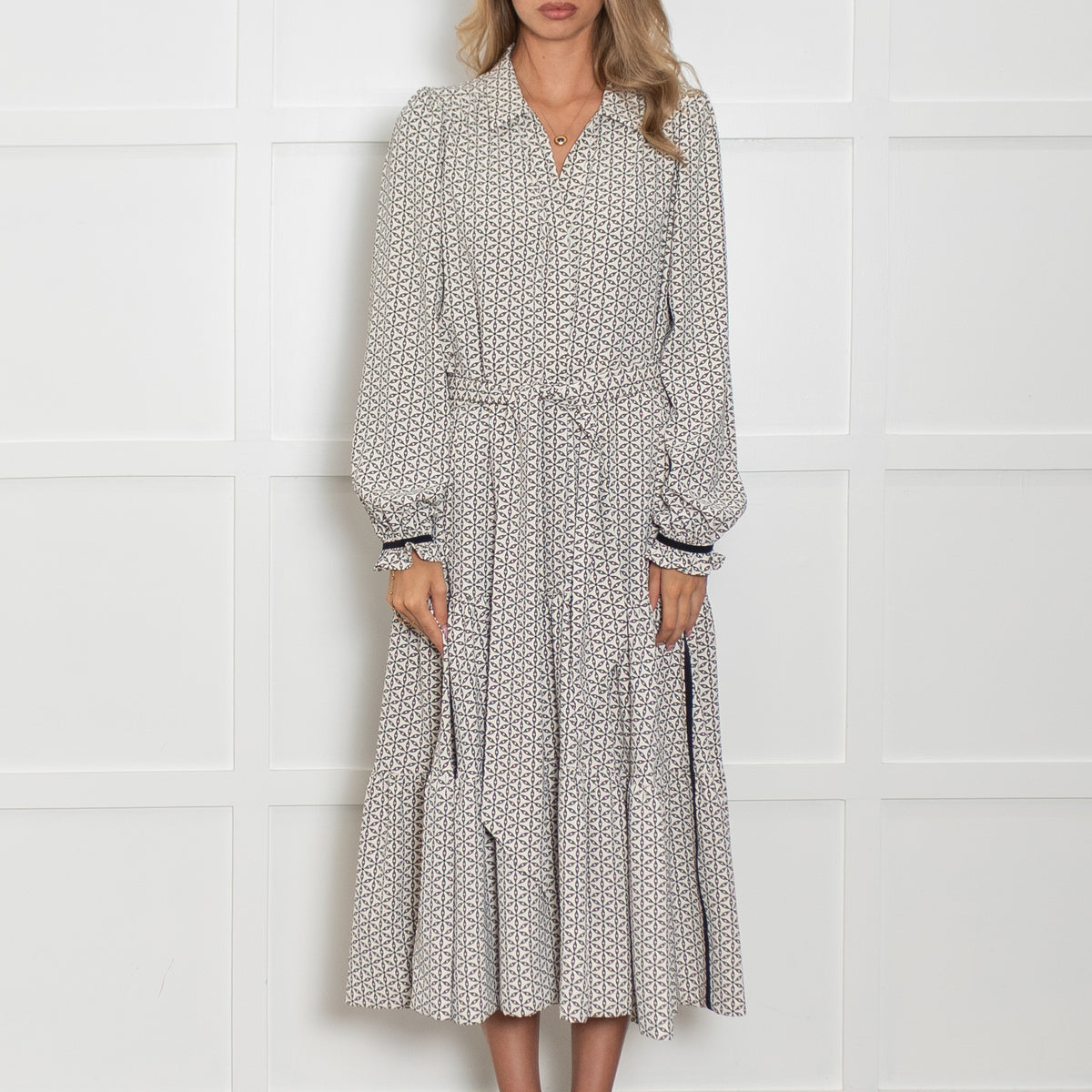 Me + Em Geometric Green and White Maxi Dress with Tie