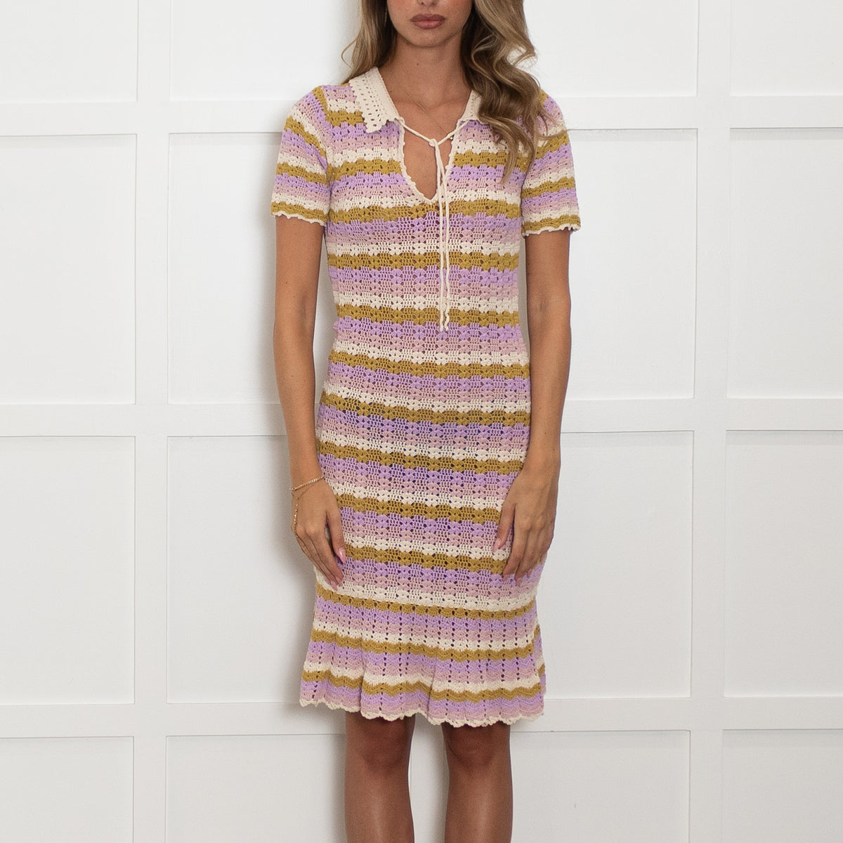 Sandro Green, Lilac and Cream Crochet Collared Mini Dress