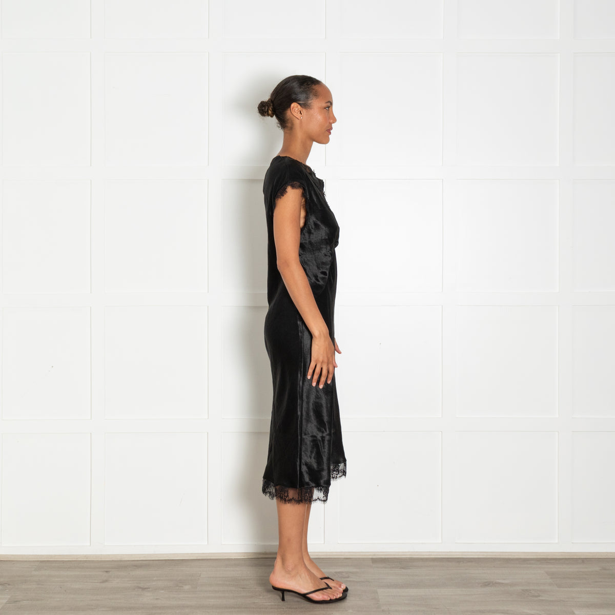 Collina Strada Black Lace Detail Sleeveless Silky Dress