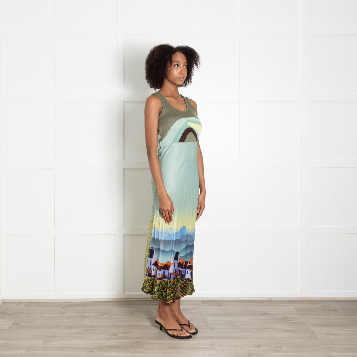 Conditions Apply Sage Green Yellow Khaki Print Sleeveless Dress