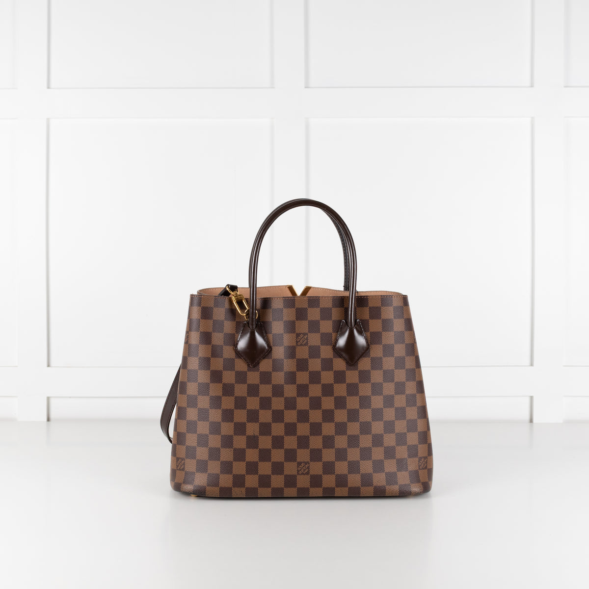 Back view Louis Vuitton Damier Kensington Tote bag with white background.