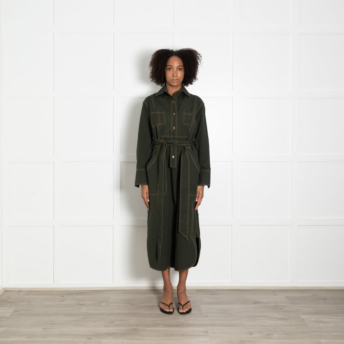 Wiggy Kit Forest Green Cotton Pocket Detail Belted Shirt Dress