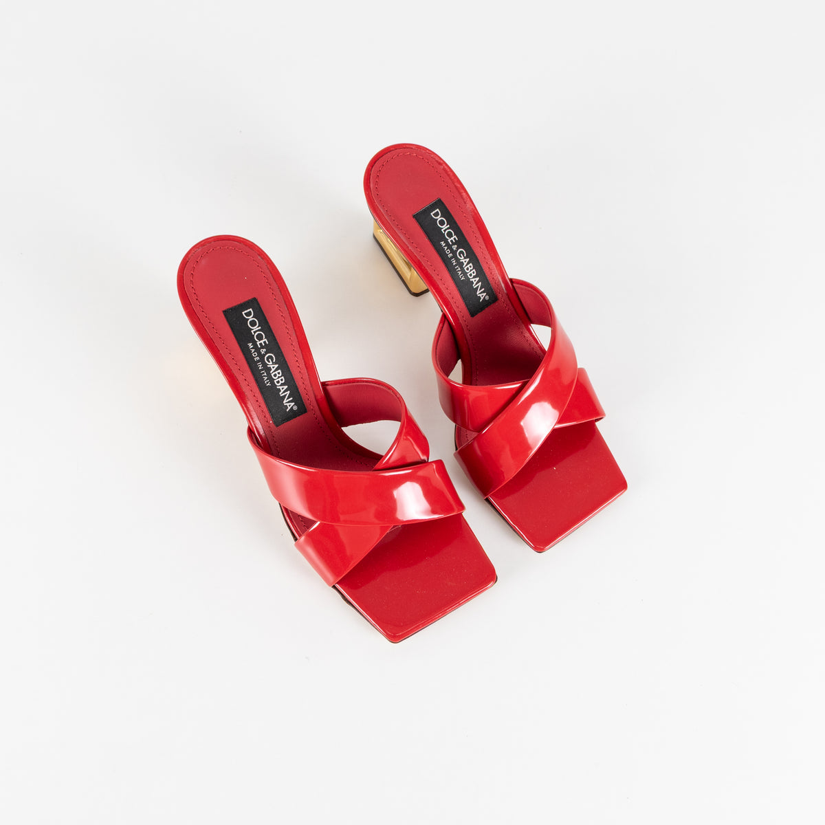 Dolce & Gabbana Red Patent Leather Mules With Gold Monogram Heel