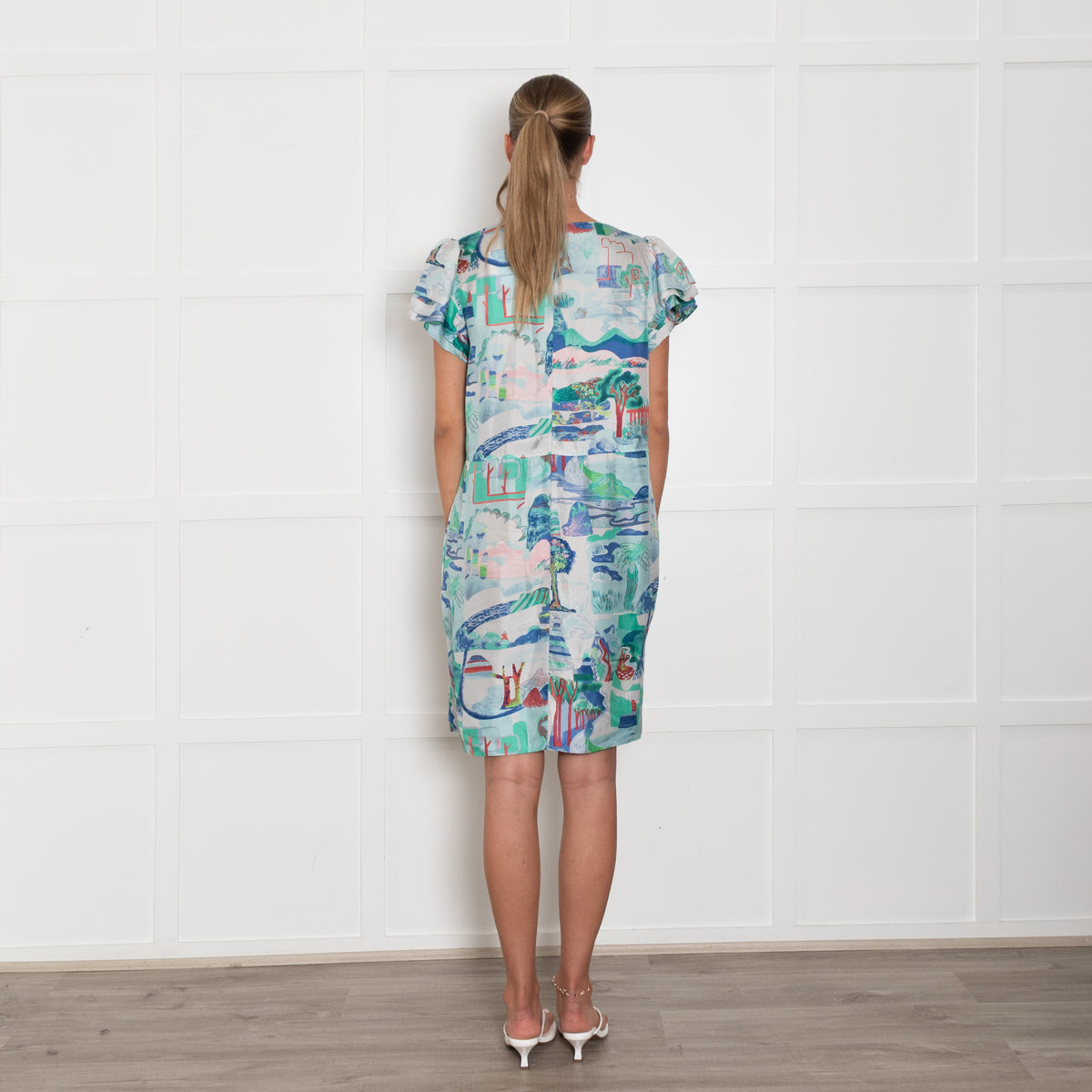 See By Chloe White Blue Green Print Silk Dress