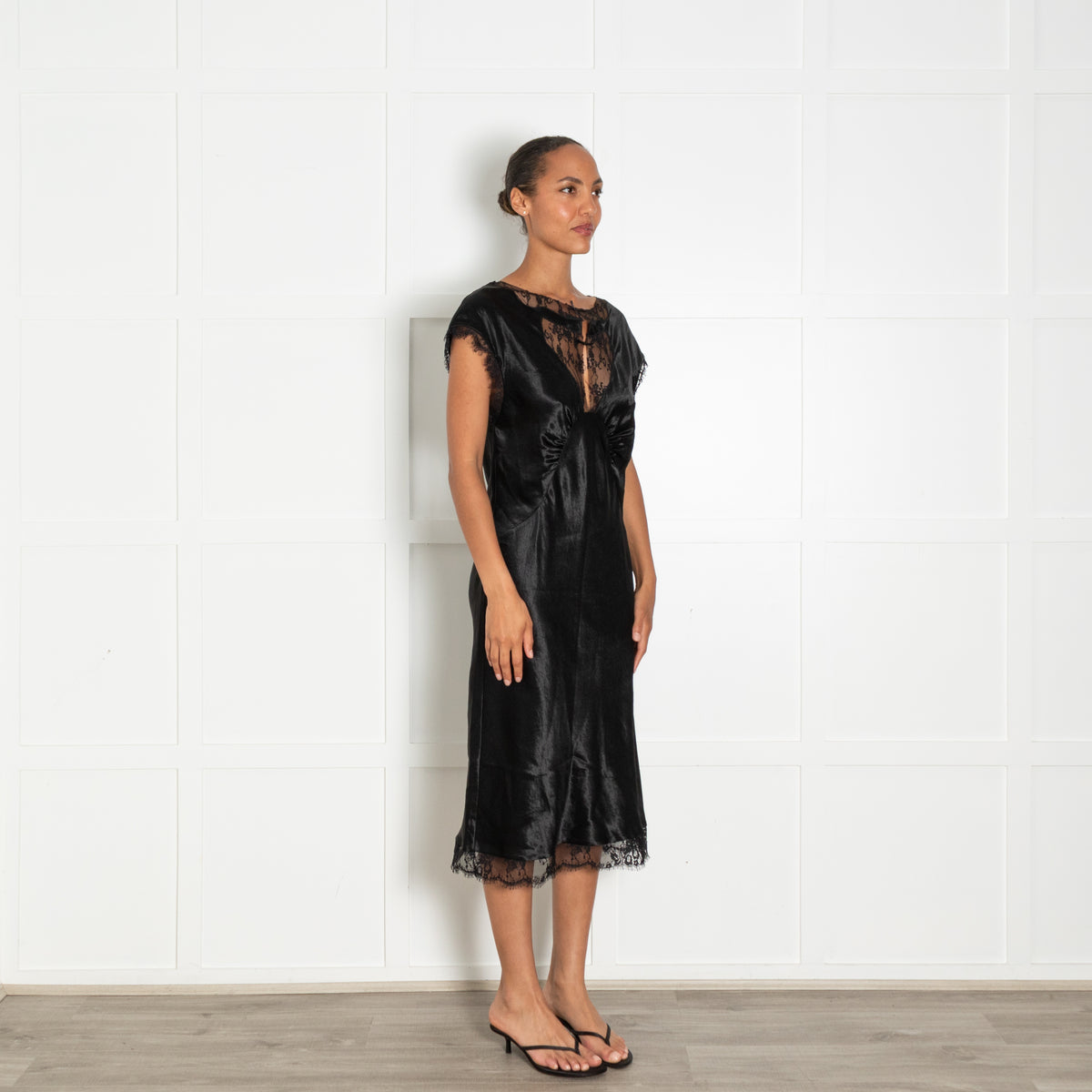 Collina Strada Black Lace Detail Sleeveless Silky Dress