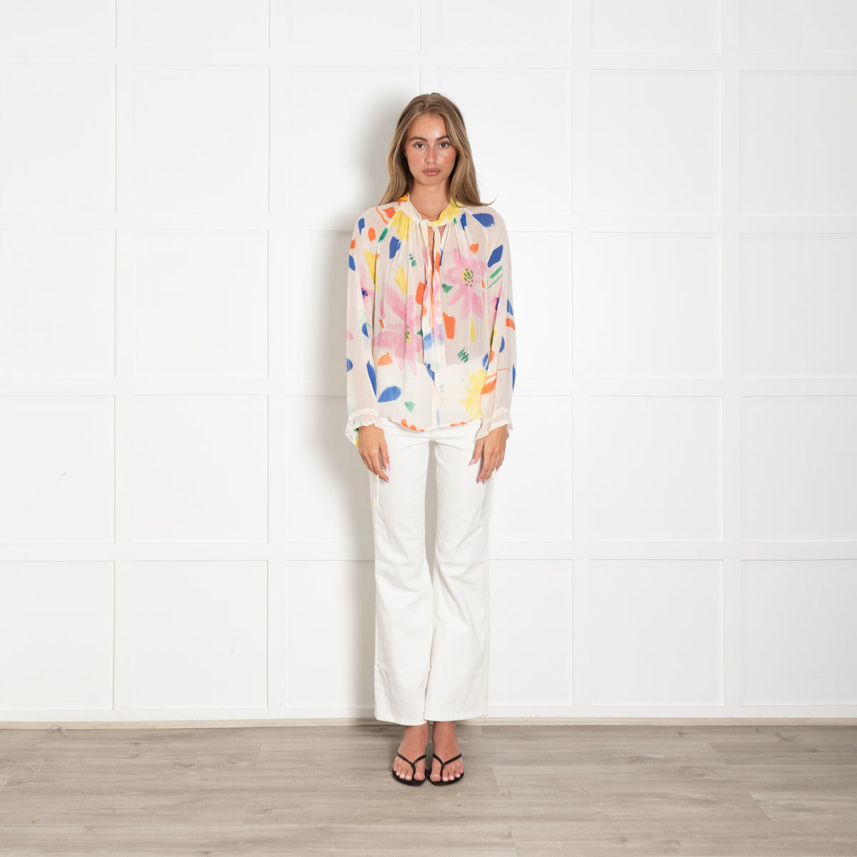 Pyrus Cream Pink Orange Blue Print Tie V Neck Blouse