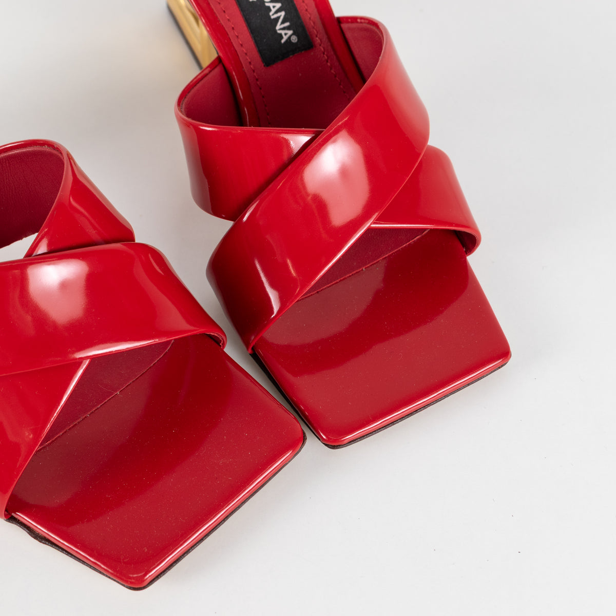 Dolce & Gabbana Red Patent Leather Mules With Gold Monogram Heel