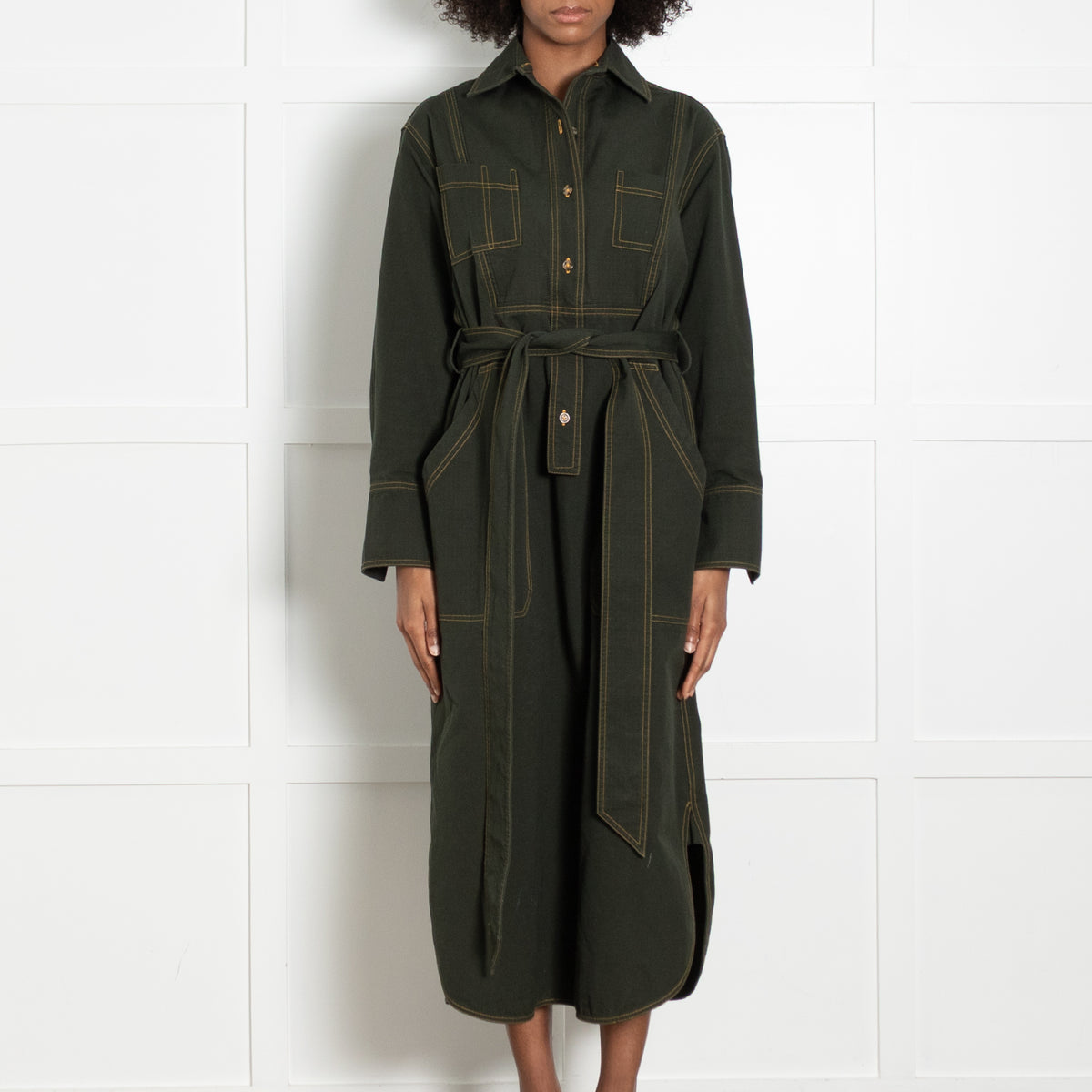 Wiggy Kit Forest Green Cotton Pocket Detail Belted Shirt Dress