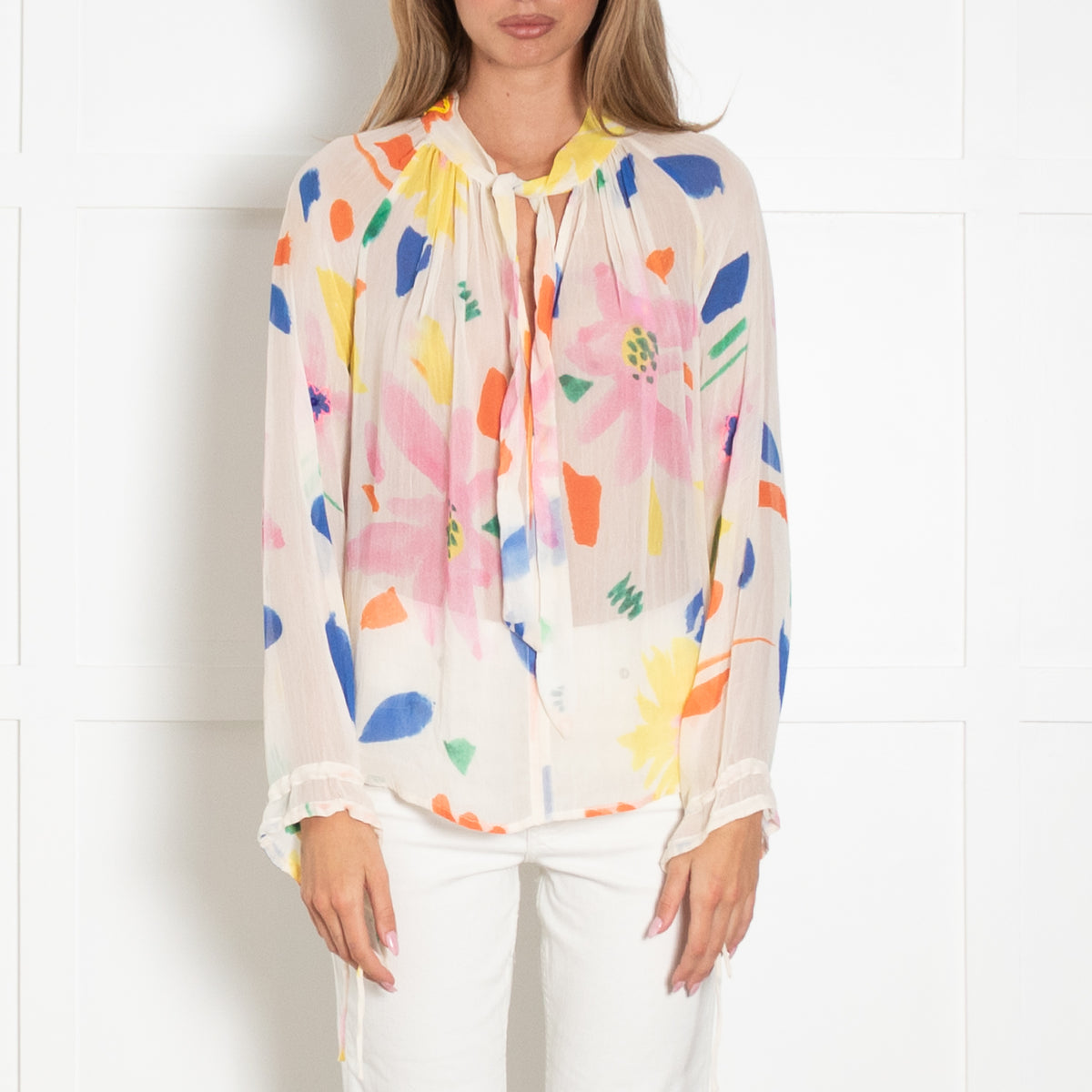 Pyrus Cream Pink Orange Blue Print Tie V Neck Blouse
