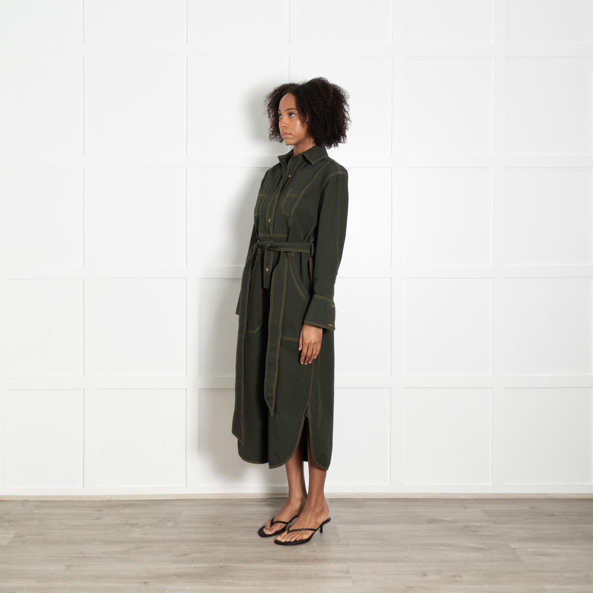 Wiggy Kit Forest Green Cotton Pocket Detail Belted Shirt Dress