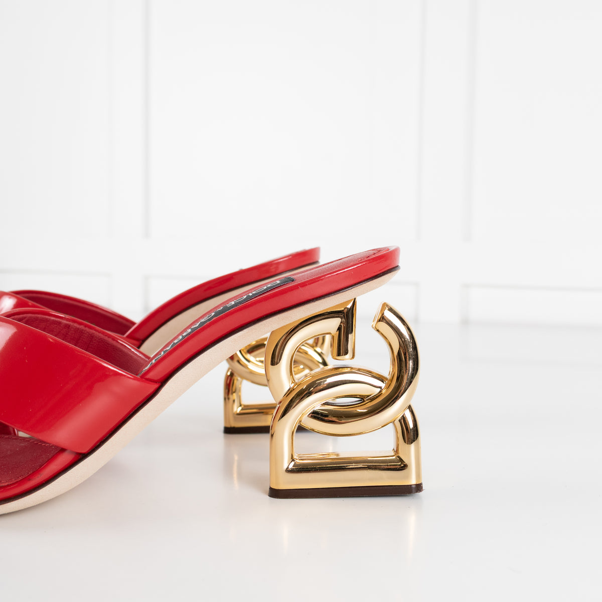 Dolce & Gabbana Red Patent Leather Mules With Gold Monogram Heel