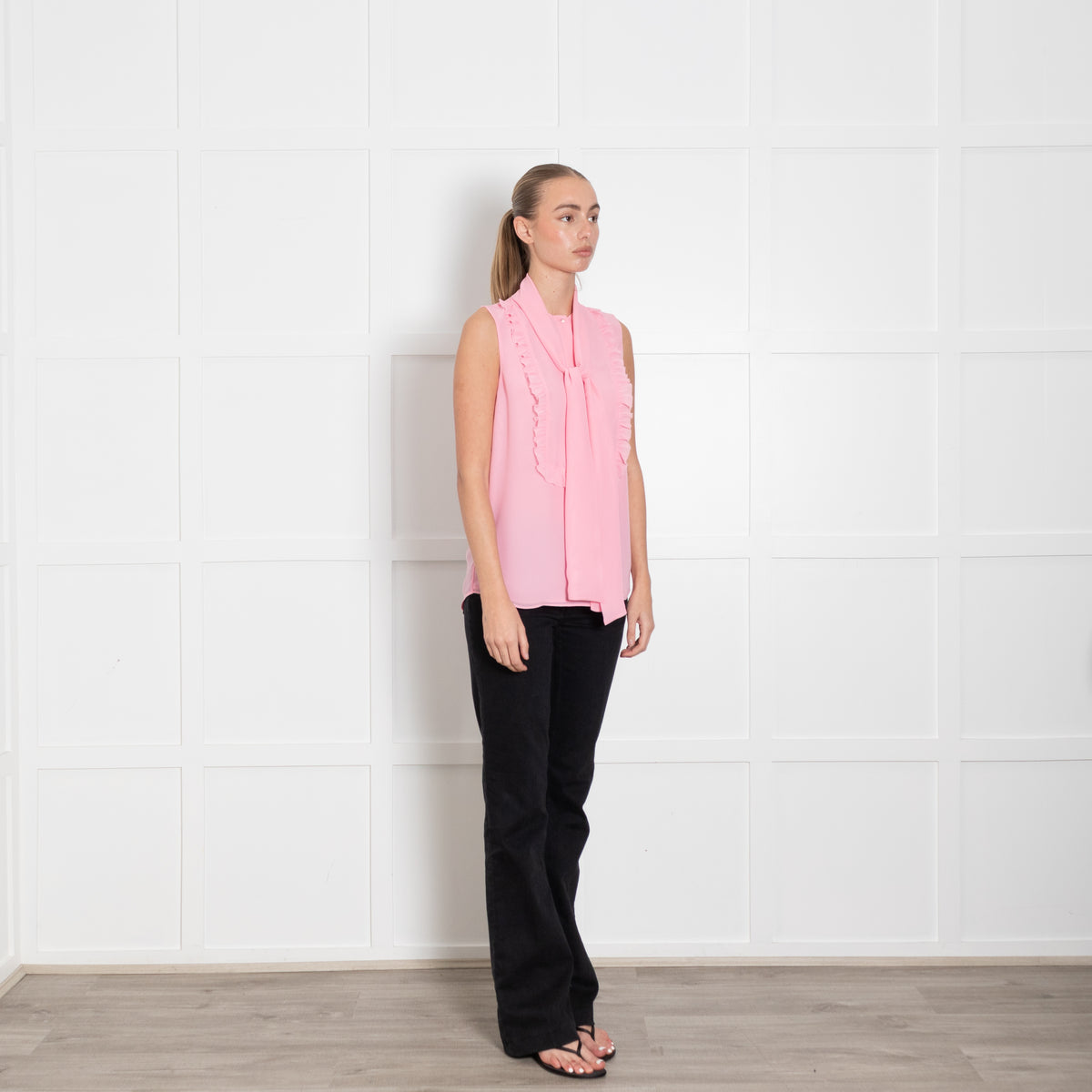 Liu Jo  Sugar Pink Ruffle Front Tie Neck Sleeveless Top