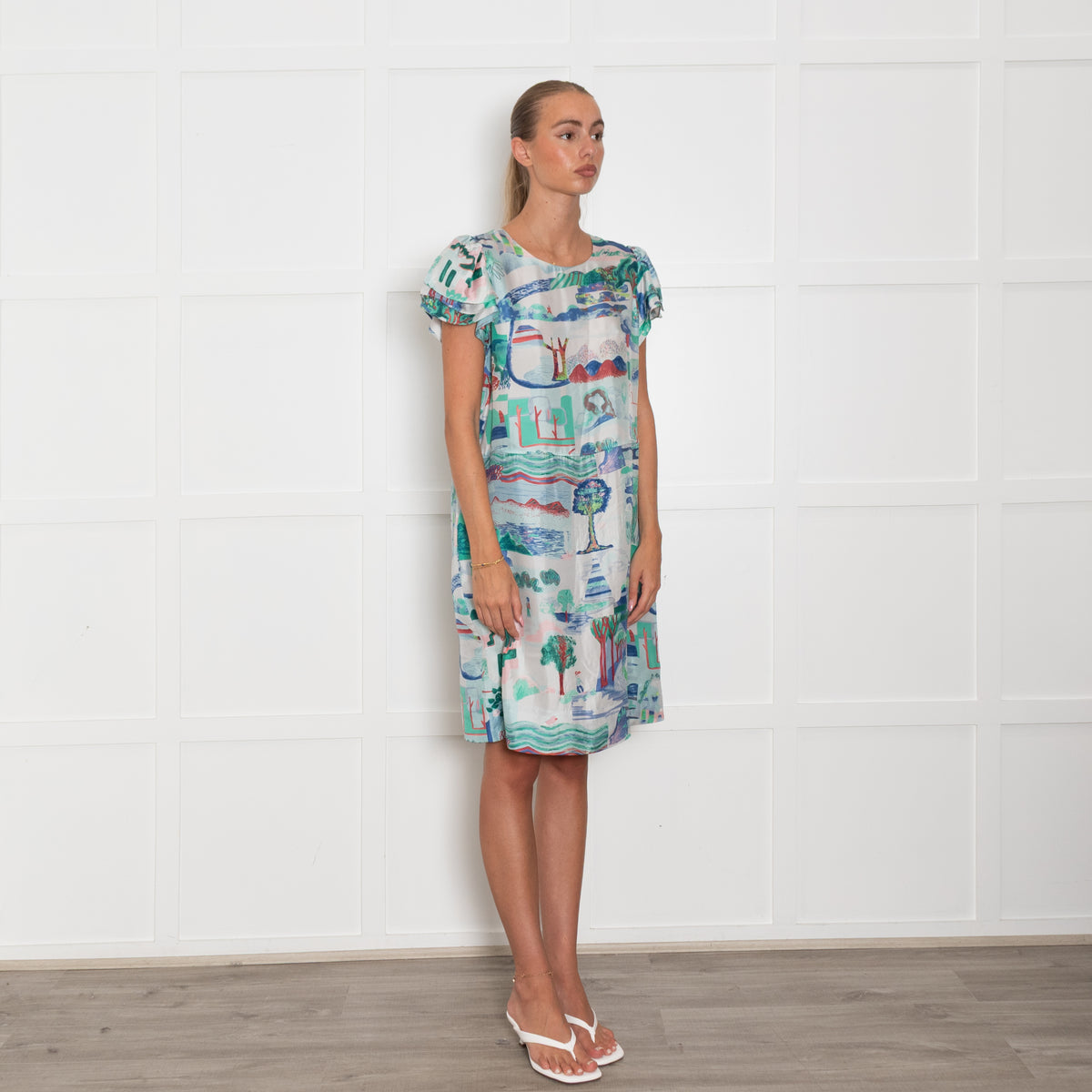 See By Chloe White Blue Green Print Silk Dress