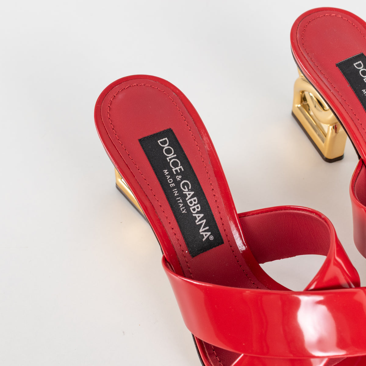 Dolce & Gabbana Red Patent Leather Mules With Gold Monogram Heel