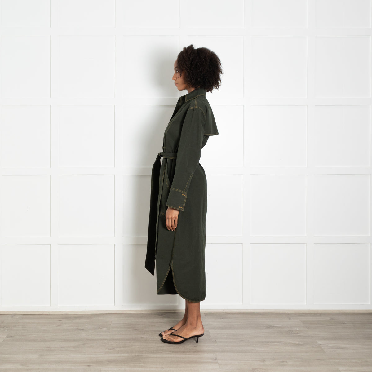 Wiggy Kit Forest Green Cotton Pocket Detail Belted Shirt Dress
