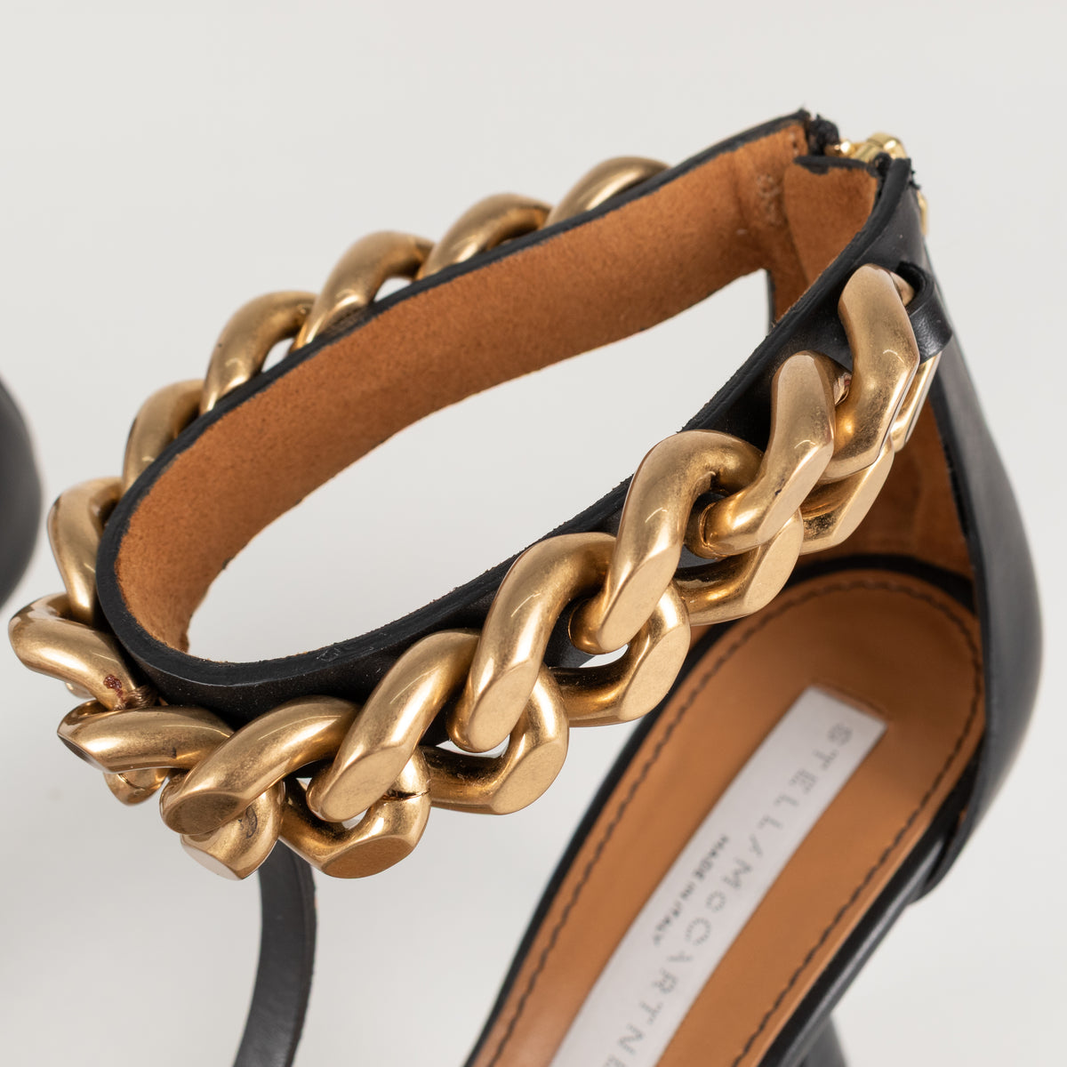 Stella McCartney Black Falabella Sandals With Gold Ankle Chain