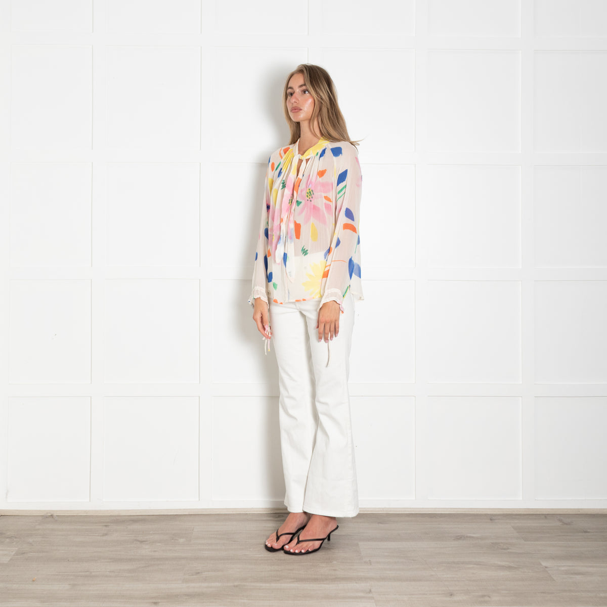 Pyrus Cream Pink Orange Blue Print Tie V Neck Blouse