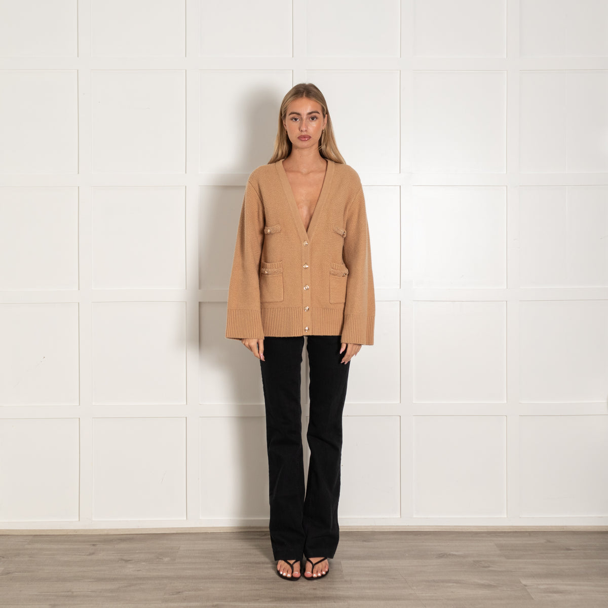 Sandro Camel Jumbo Knit Plaited Detail Long Cardigan
