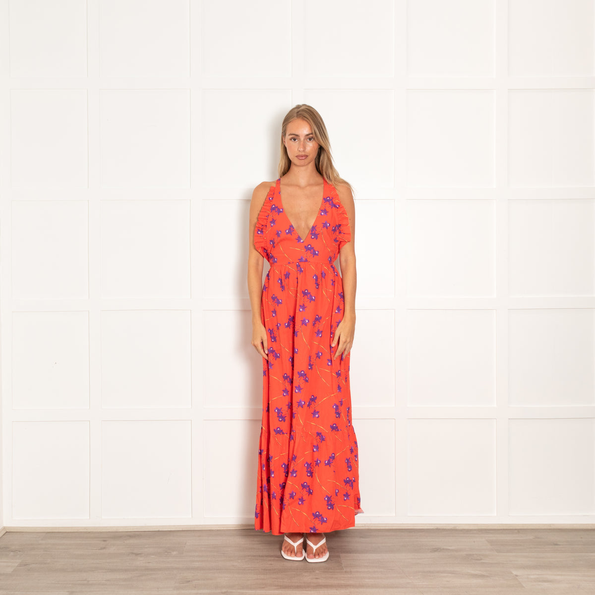 Borgo De Nor Red Halter Neck Dress With Purple Flowers